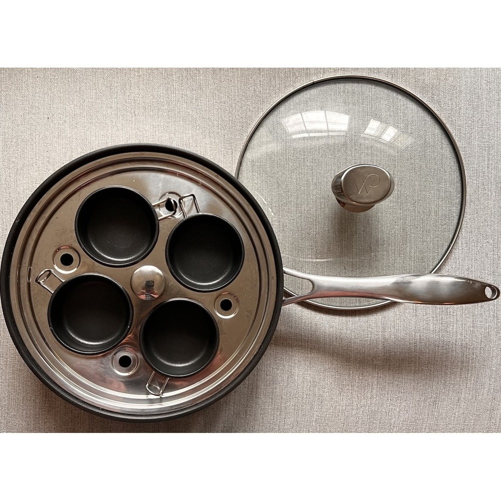 Wolfgang Puck 10" Egg Poacher Fry Pan Set Glass Lid 4 Cups Stainless